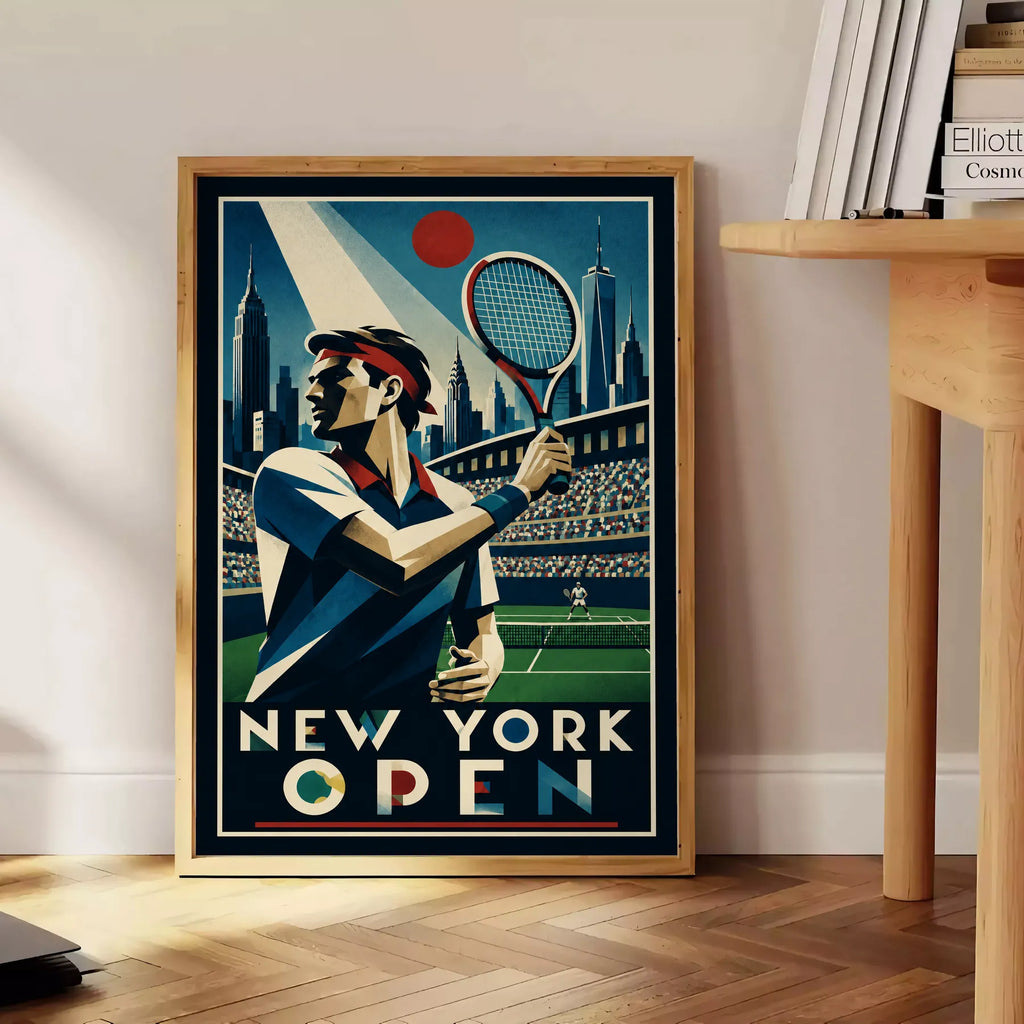 Affiche New York Tennis Open Male High Forehand Finish, affiche Art déco de tennis new-yorkaise