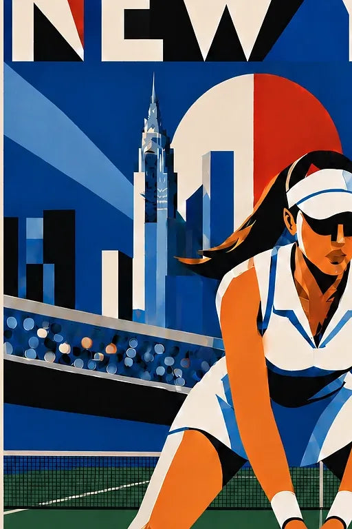 Affiche New York Tennis New York Tennis Femme Crouched revers, affiche Art déco de tennis new-yorkaise