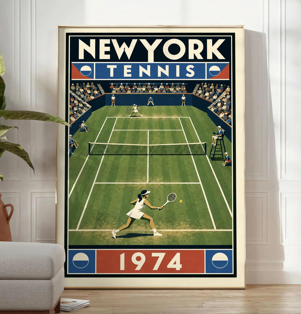 Affiche New York Tennis New York Tennis 1974 Femme gazon volée Court, affiche Art déco de tennis new-yorkaise