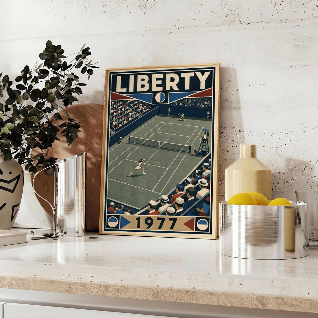 Affiche New York Tennis Liberty Tennis 1977 Femme Har-Tru dernière année, affiche Art déco de tennis new-yorkaise