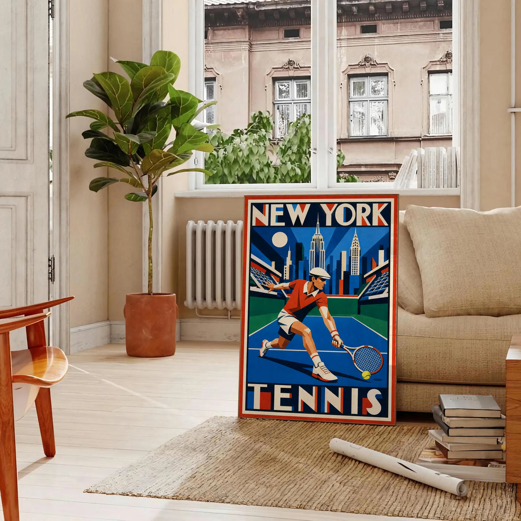 Affiche New York Tennis New York Tennis Homme slice bas, affiche Art déco de tennis new-yorkaise
