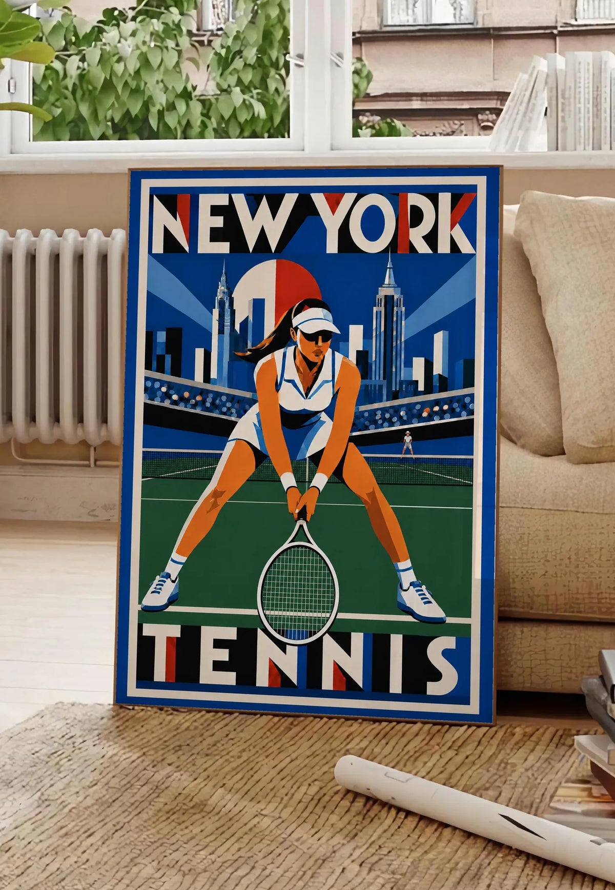 Affiche New York Tennis New York Tennis Femme Crouched revers, affiche Art déco de tennis new-yorkaise