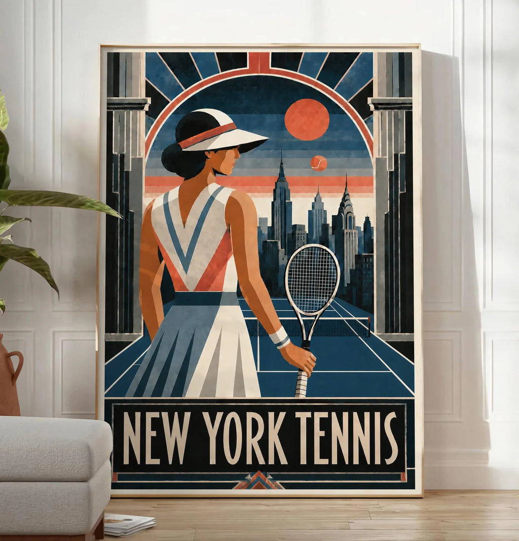 Affiche New York Tennis Femme Art Deco portrait sur court 3, affiche Art déco de tennis new-yorkaise