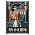 Affiche New York Tennis Femme Art Deco portrait sur court 3, affiche Art déco de tennis new-yorkaise