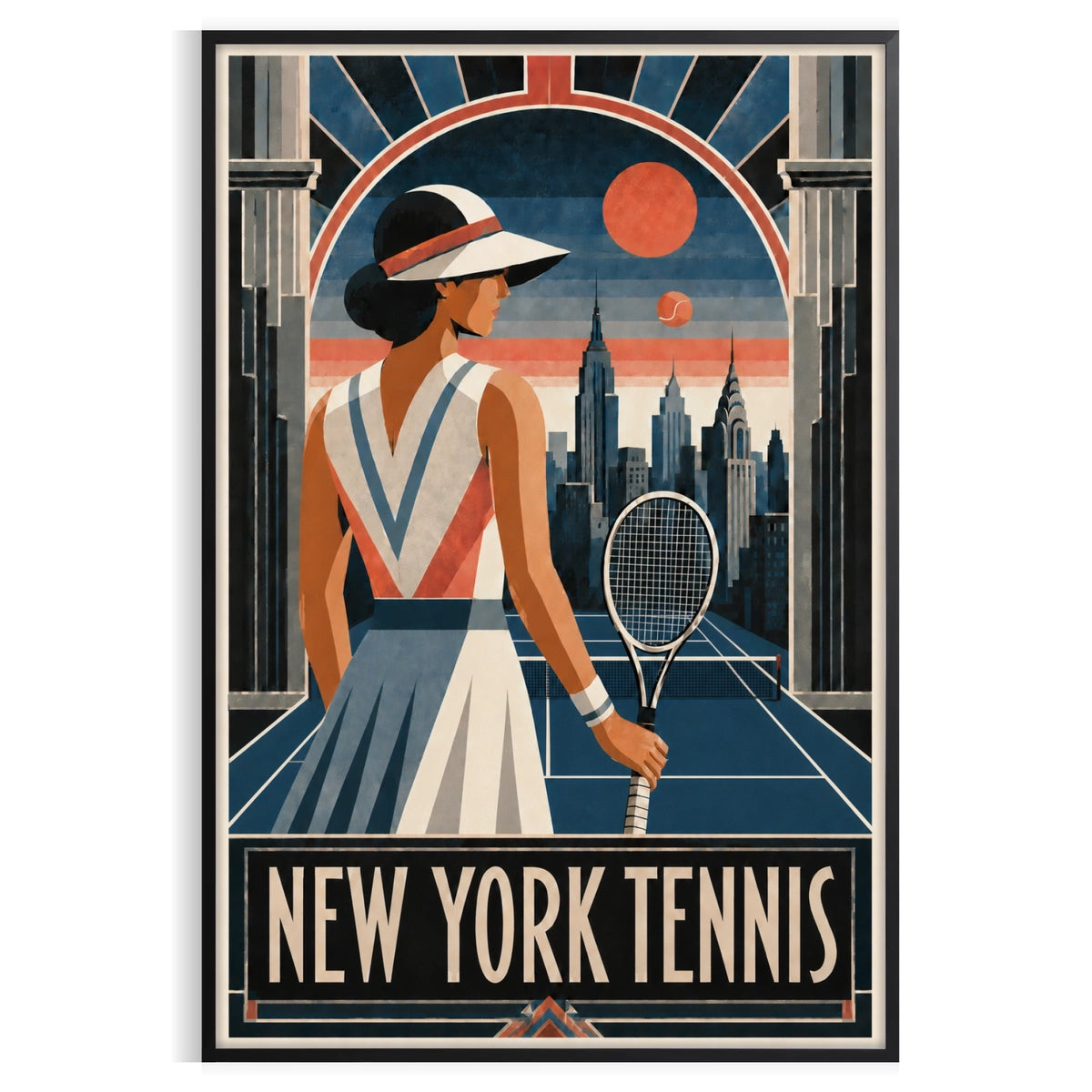 Affiche New York Tennis Femme Art Deco portrait sur court 3, affiche Art déco de tennis new-yorkaise