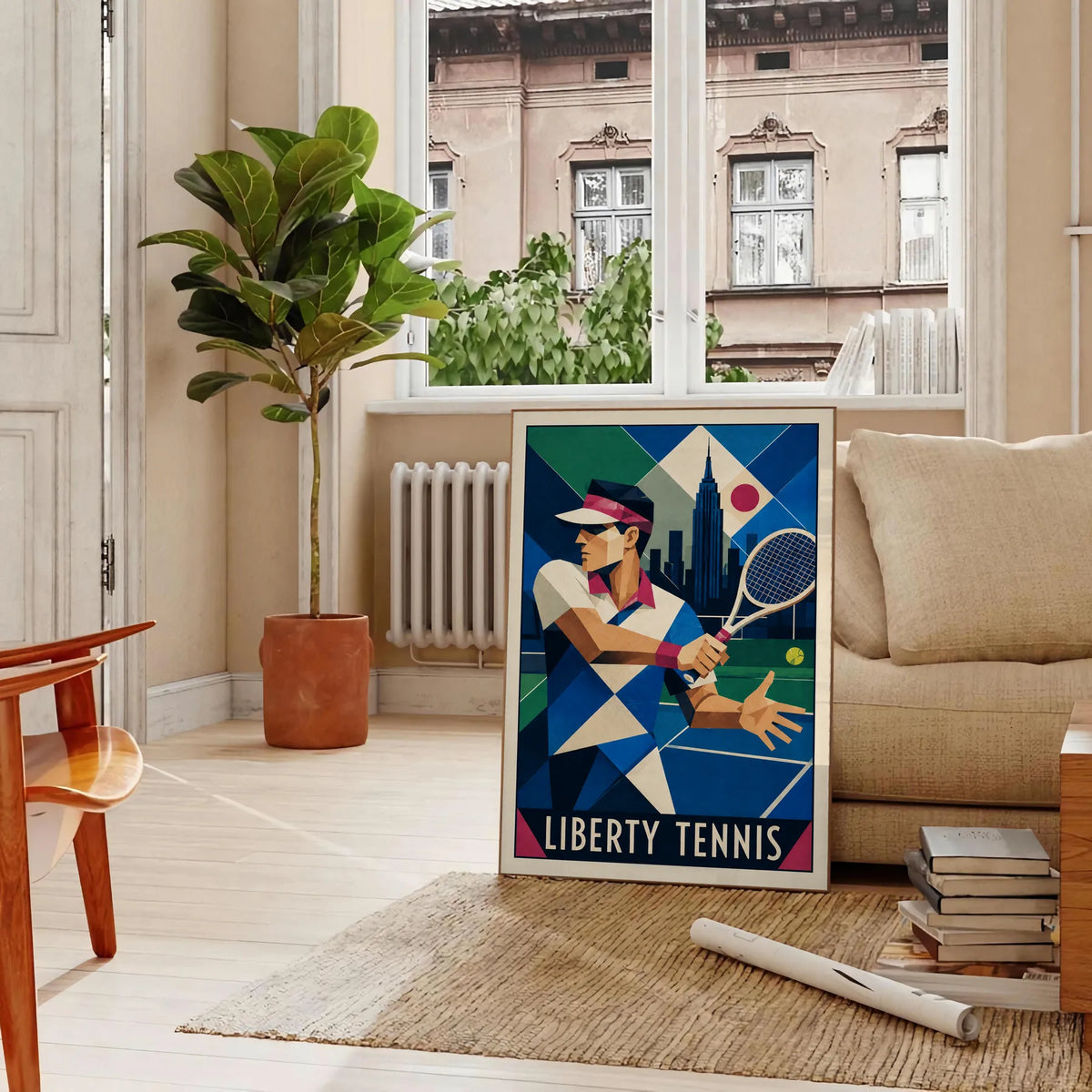 Affiche New York Tennis Art Deco Homme Forehand Followthrough, affiche Art déco de tennis new-yorkaise