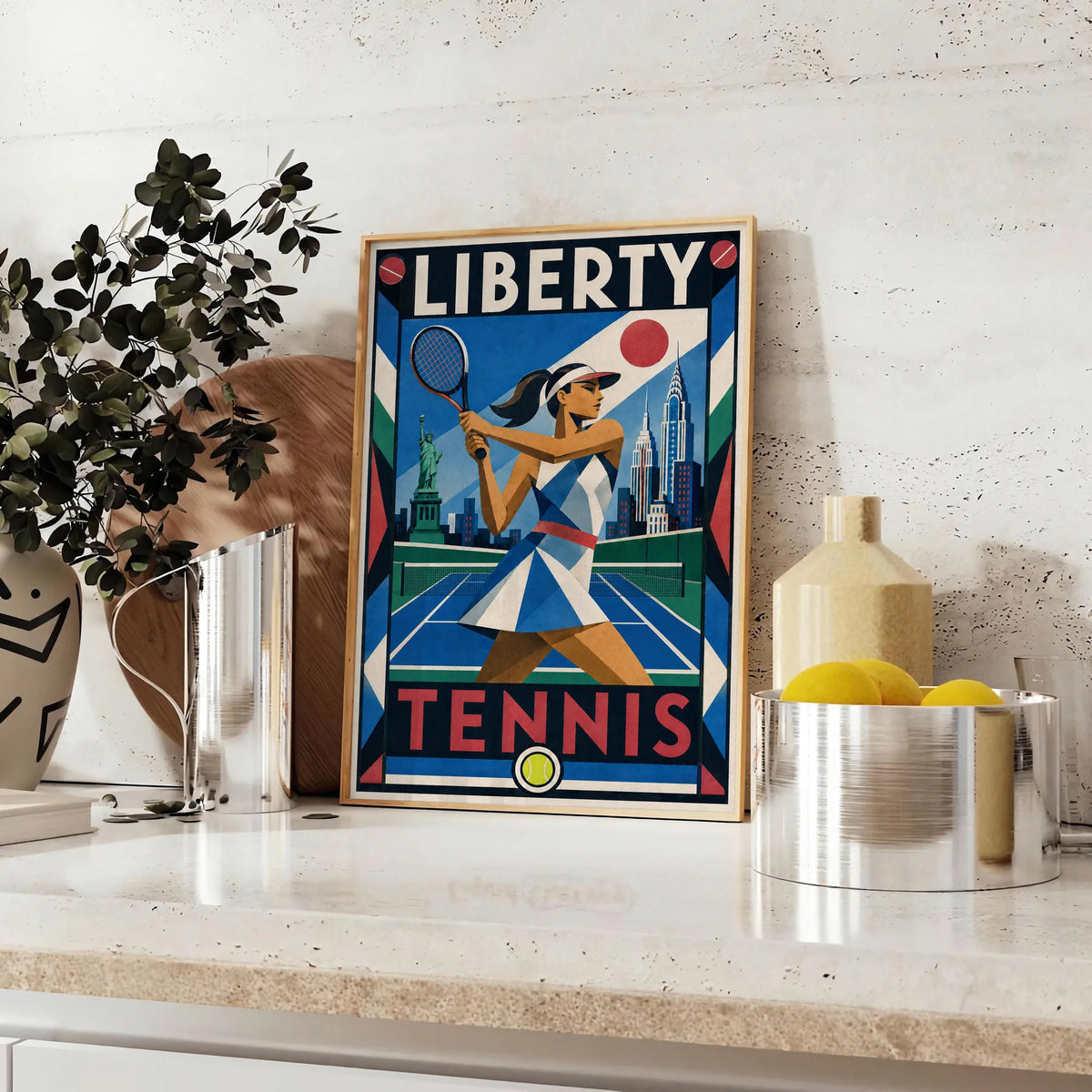 Affiche New York Tennis New York Tennis Femme revers Finish, affiche Art déco de tennis new-yorkaise