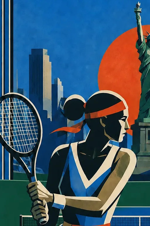 Affiche New York Tennis Liberty Femme revers à deux mains, affiche Art déco de tennis new-yorkaise
