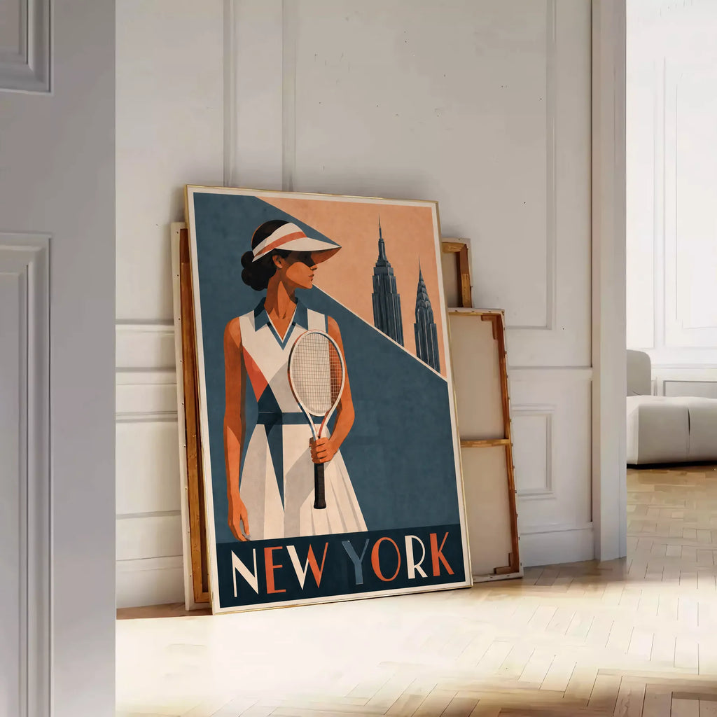 Affiche New York Tennis Femme Coral profil, affiche Art déco de tennis new-yorkaise