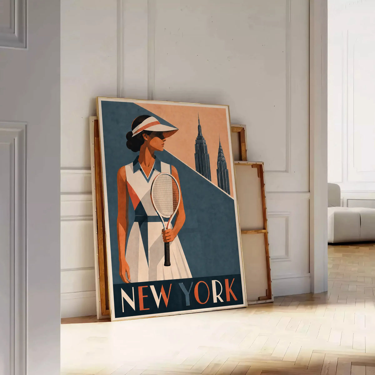 Affiche New York Tennis Femme Coral profil, affiche Art déco de tennis new-yorkaise