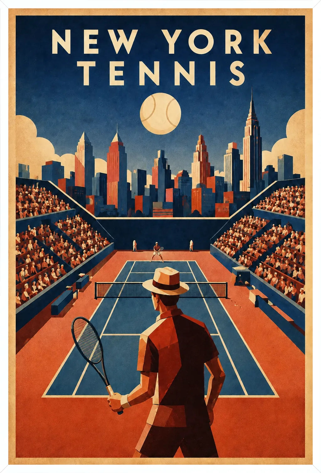 Affiche New York Tennis Homme Twilight Baseline 2, affiche Art déco de tennis new-yorkaise