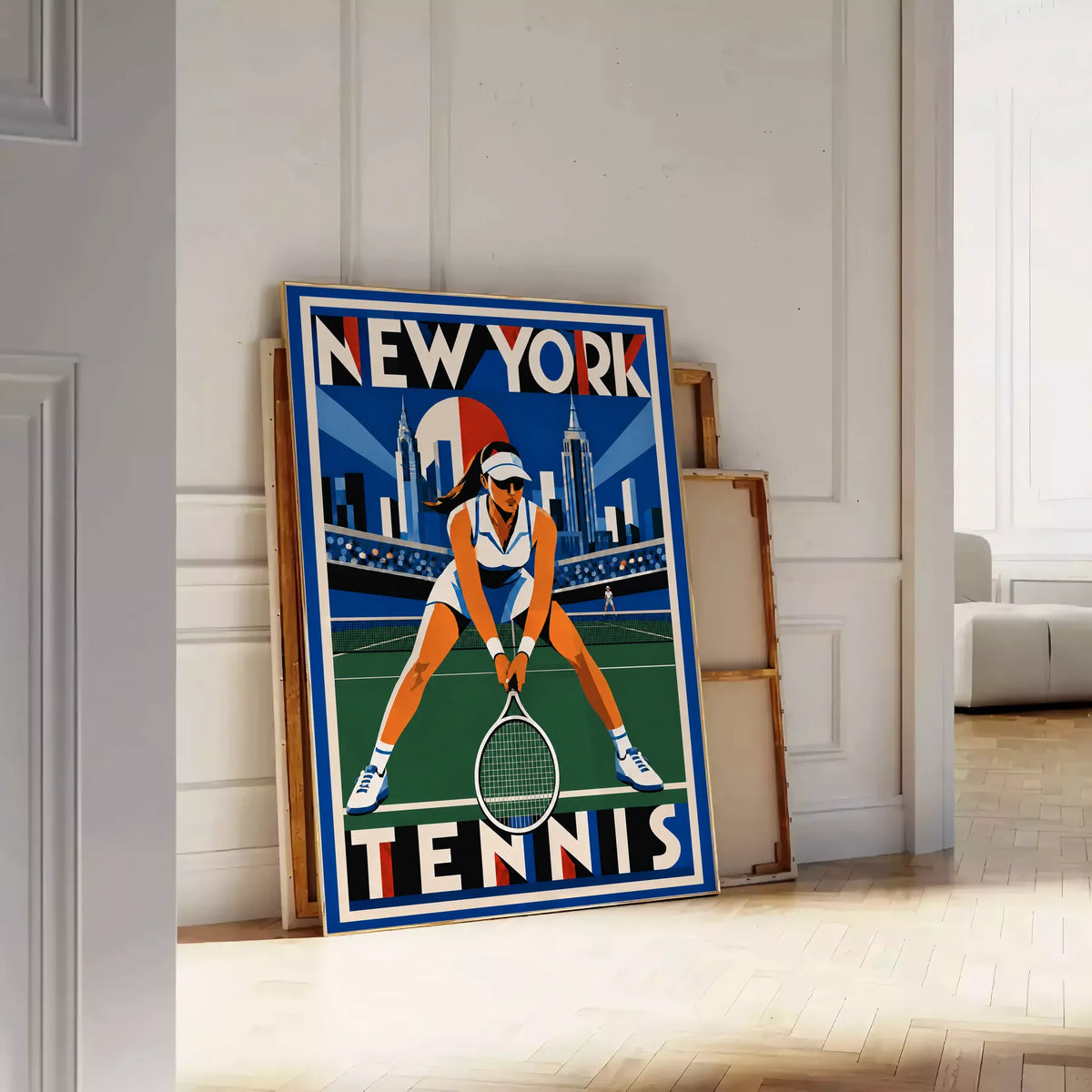Affiche New York Tennis New York Tennis Femme Crouched revers, affiche Art déco de tennis new-yorkaise