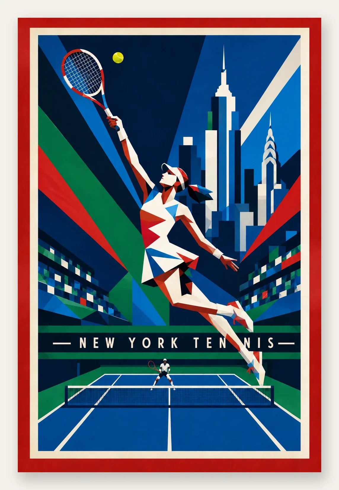 Affiche New York Tennis New York Tennis Femme action offensive, affiche Art déco de tennis new-yorkaise