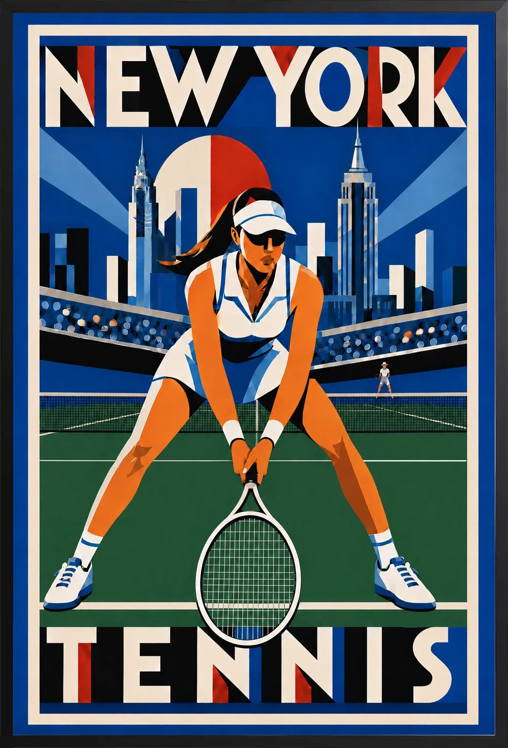 Affiche New York Tennis New York Tennis Femme Crouched revers, affiche Art déco de tennis new-yorkaise