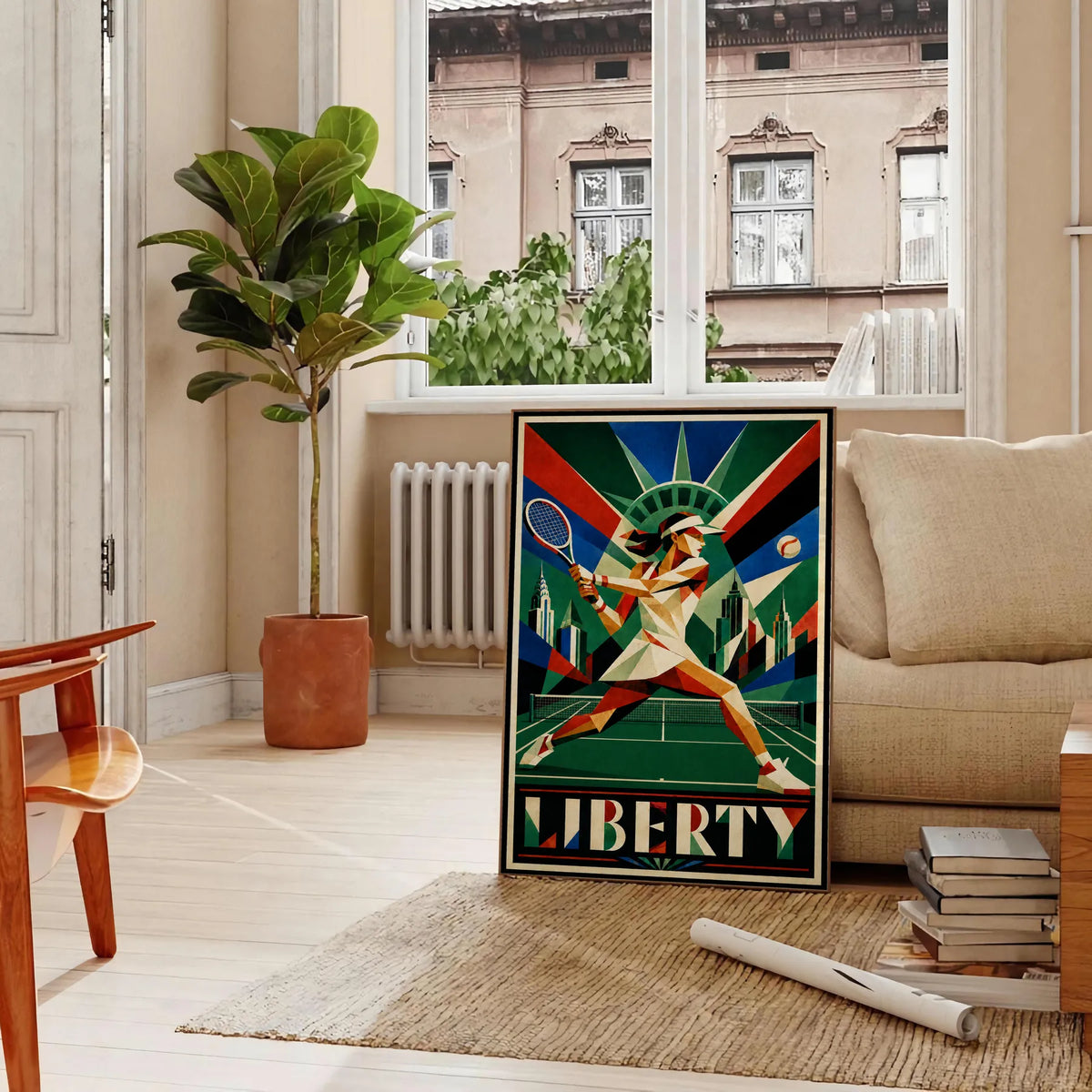 Affiche New York Tennis Femme Liberty revers, affiche Art déco de tennis new-yorkaise