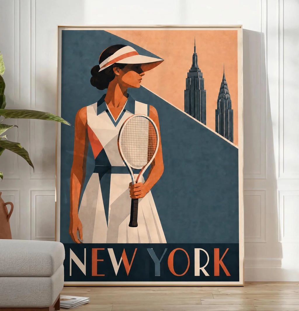 Affiche New York Tennis Femme Coral profil, affiche Art déco de tennis new-yorkaise