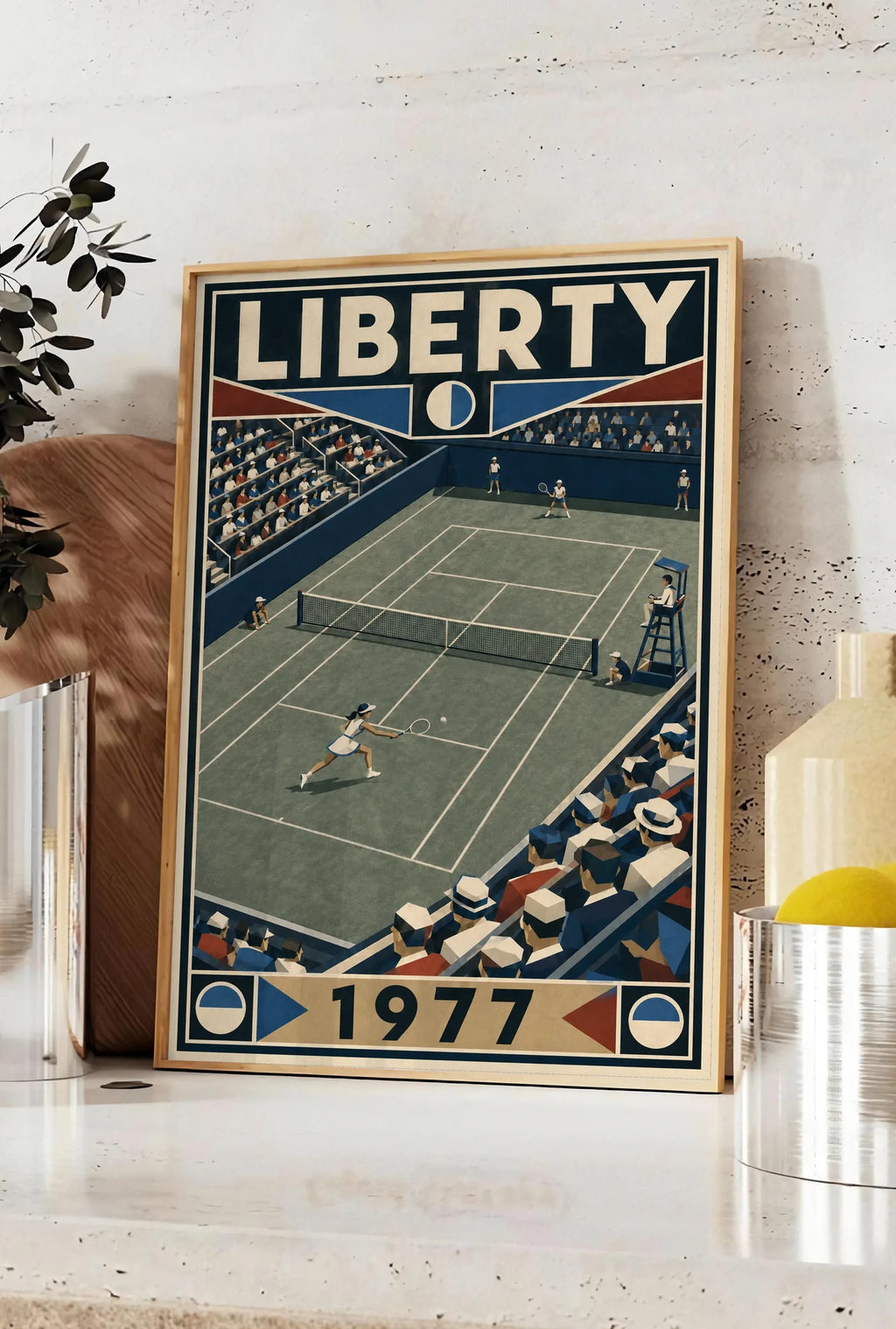 Affiche New York Tennis Liberty Tennis 1977 Femme Har-Tru dernière année, affiche Art déco de tennis new-yorkaise