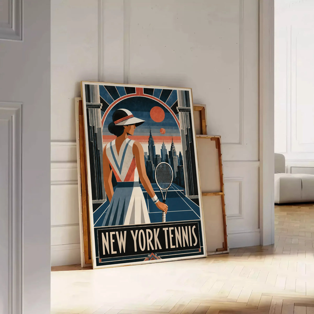 Affiche New York Tennis Femme Art Deco portrait sur court 3, affiche Art déco de tennis new-yorkaise