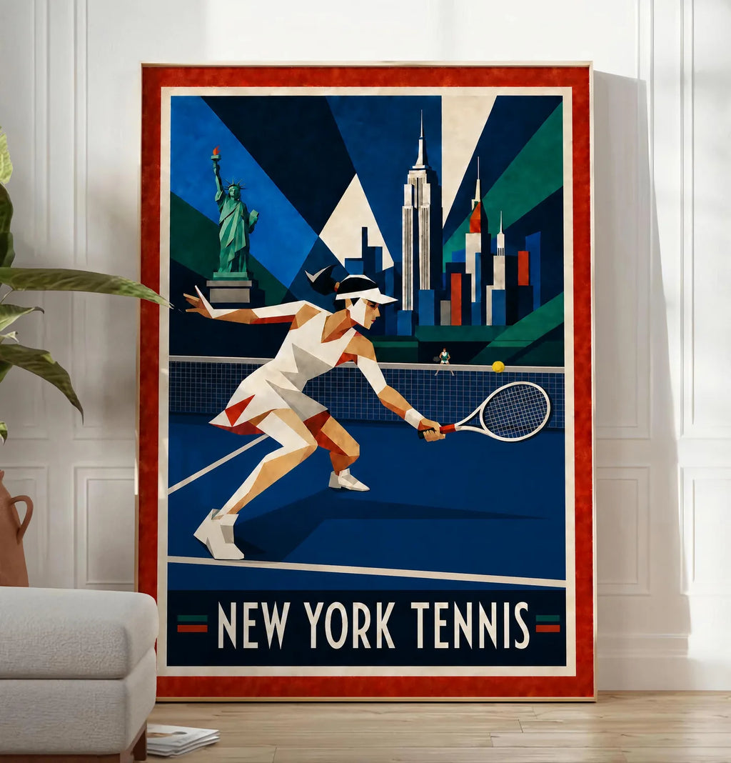 Affiche New York Tennis Geometric Femme Low demi-volée, affiche Art déco de tennis new-yorkaise