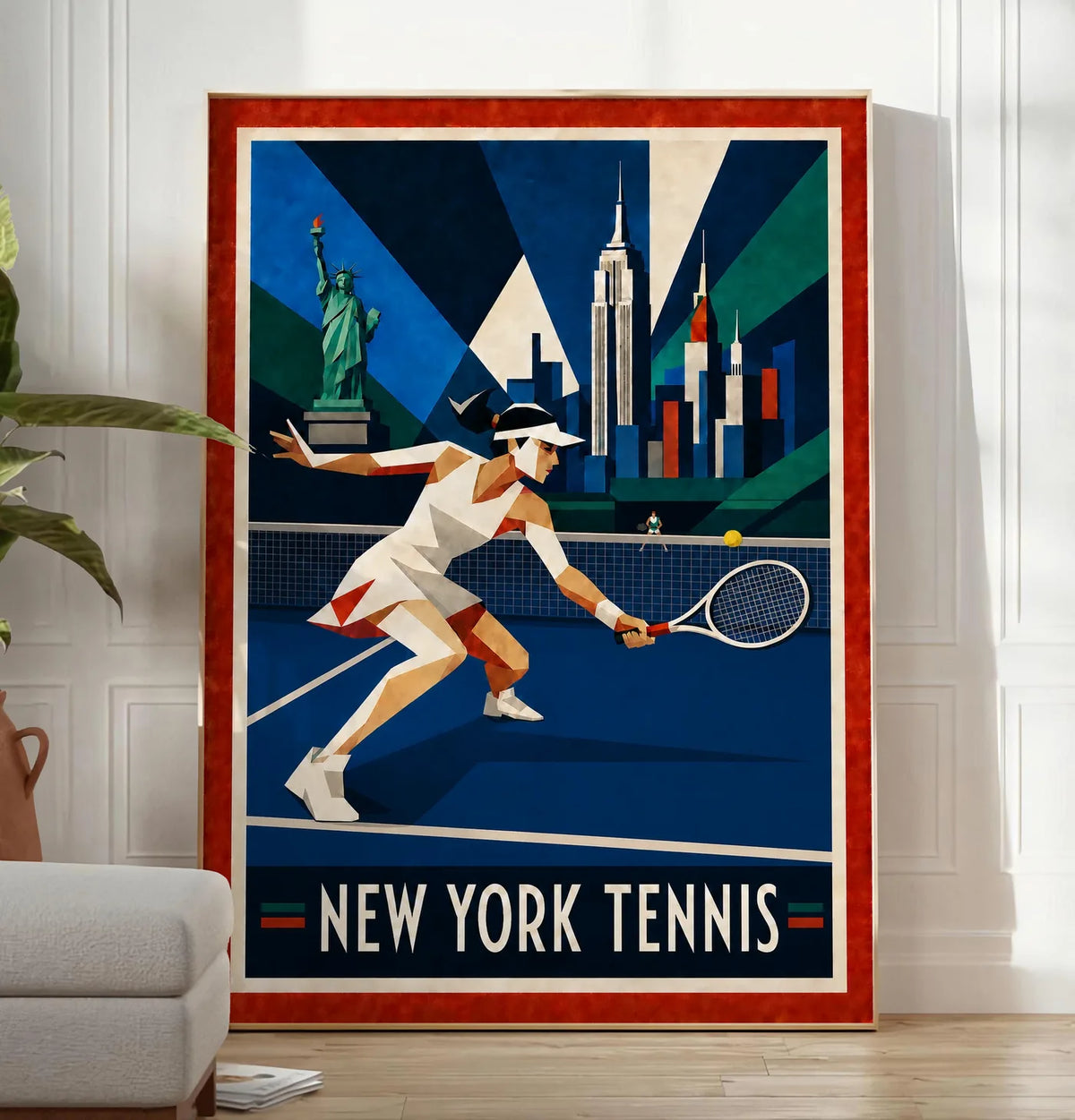 Affiche New York Tennis Geometric Femme Low demi-volée, affiche Art déco de tennis new-yorkaise
