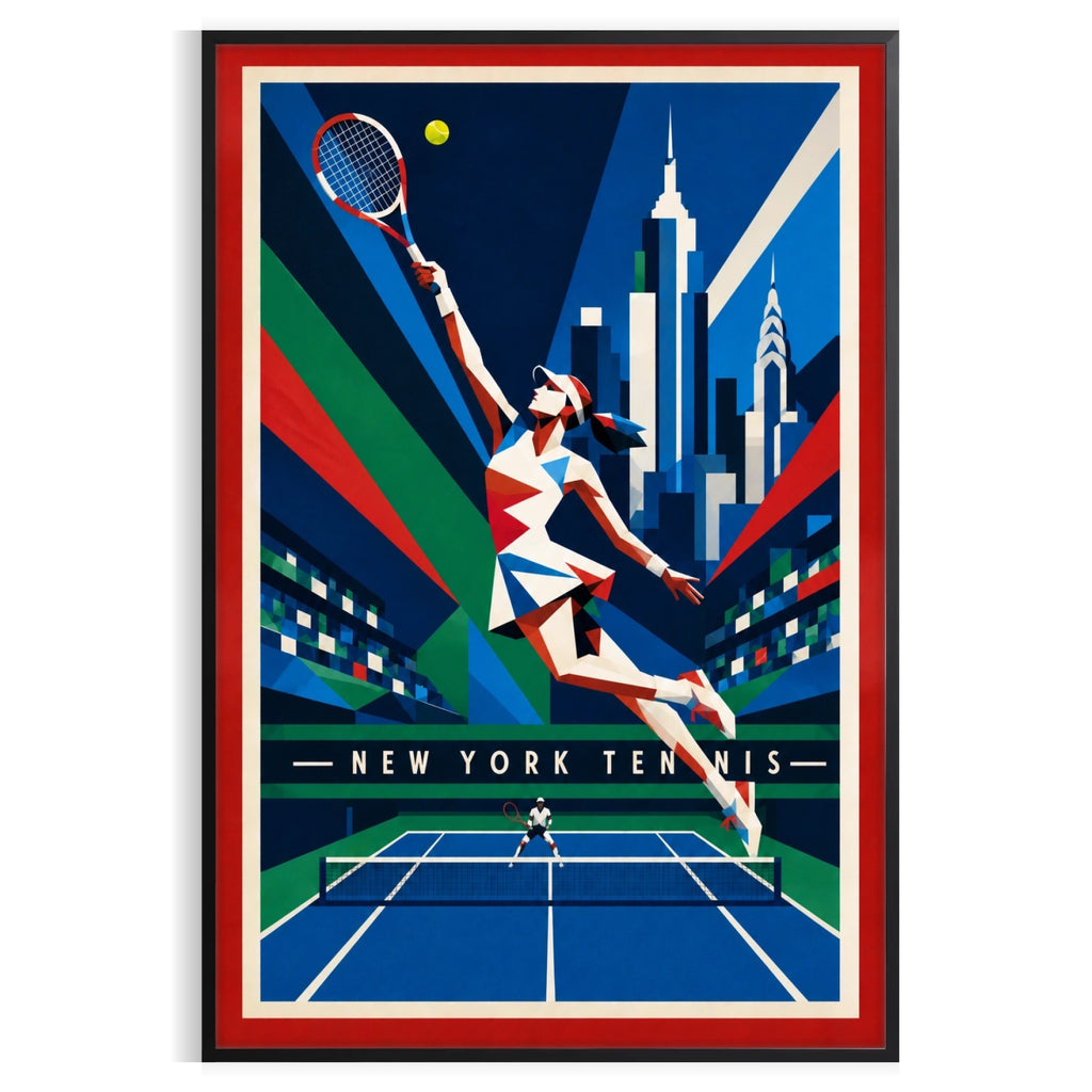 Affiche New York Tennis New York Tennis Femme action offensive, affiche Art déco de tennis new-yorkaise