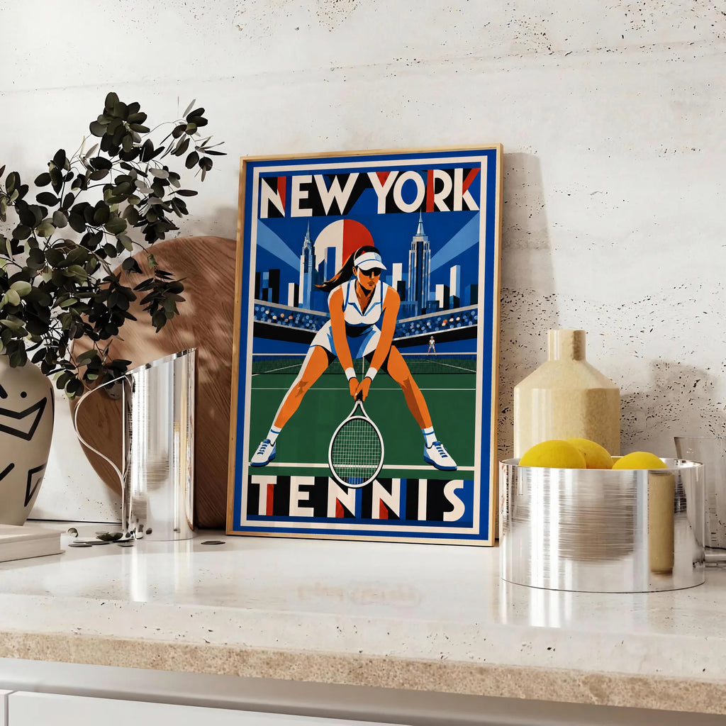 Affiche New York Tennis New York Tennis Femme Crouched revers, affiche Art déco de tennis new-yorkaise