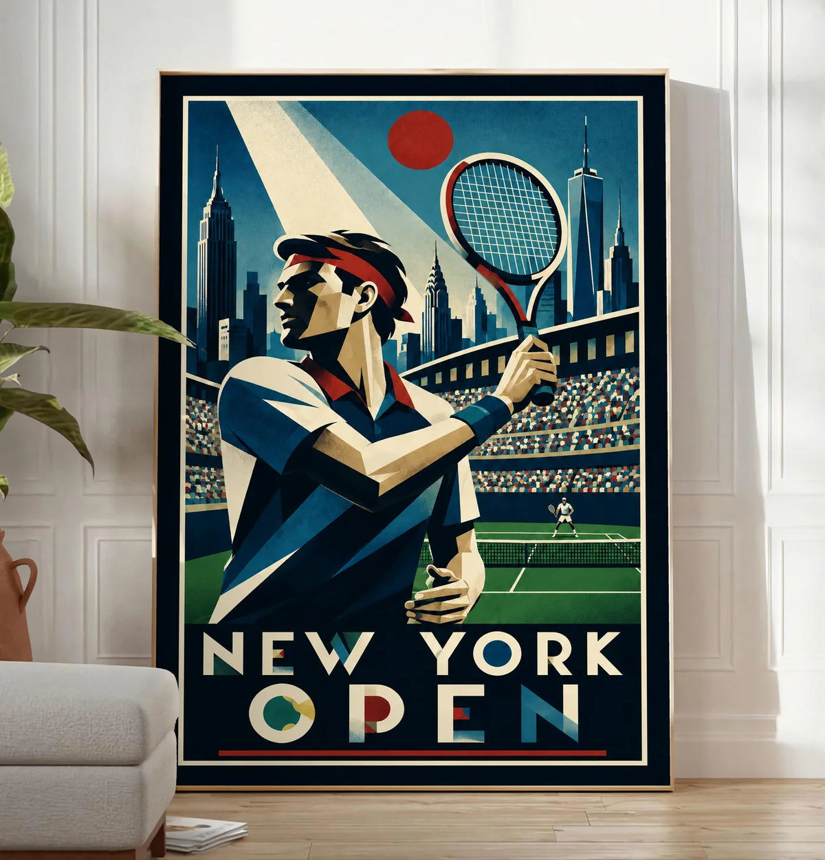 Affiche New York Tennis Open Male High Forehand Finish, affiche Art déco de tennis new-yorkaise