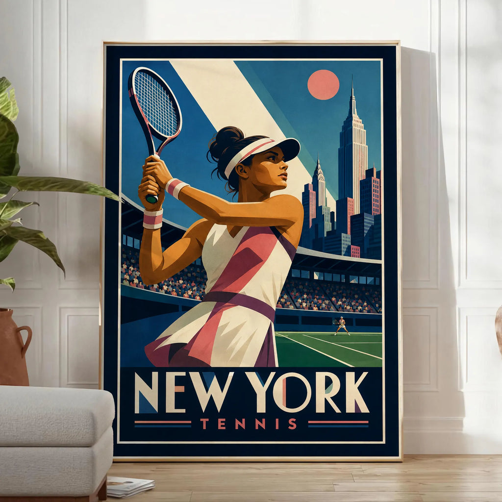 Affiche New York Tennis Tennis Female revers à deux mains Finish, affiche Art déco de tennis new-yorkaise