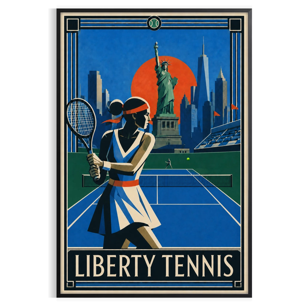 Affiche New York Tennis Liberty Femme revers à deux mains, affiche Art déco de tennis new-yorkaise