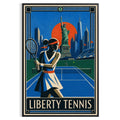 Affiche New York Tennis Liberty Femme revers à deux mains, affiche Art déco de tennis new-yorkaise
