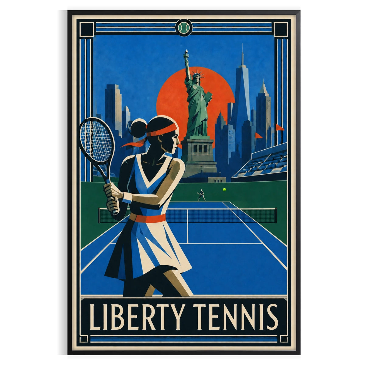 Affiche New York Tennis Liberty Femme revers à deux mains, affiche Art déco de tennis new-yorkaise