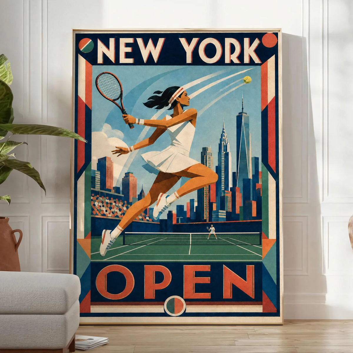 Affiche New York Tennis Open Female Leaping One Hand revers, affiche Art déco de tennis new-yorkaise