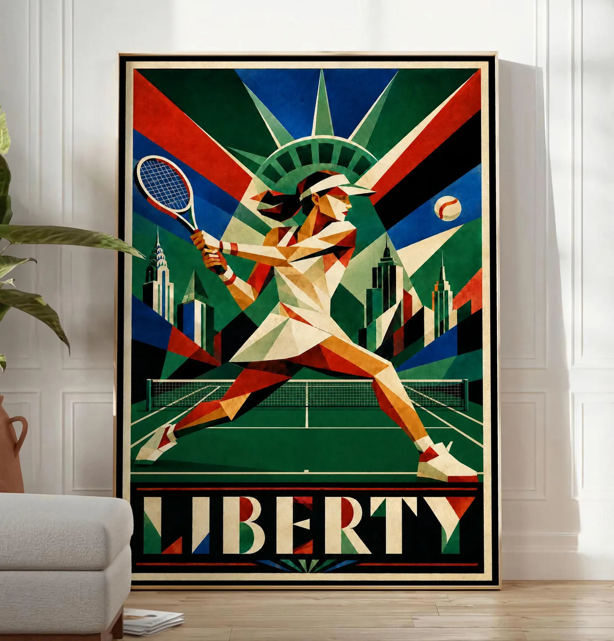 Affiche New York Tennis Femme Liberty revers, affiche Art déco de tennis new-yorkaise