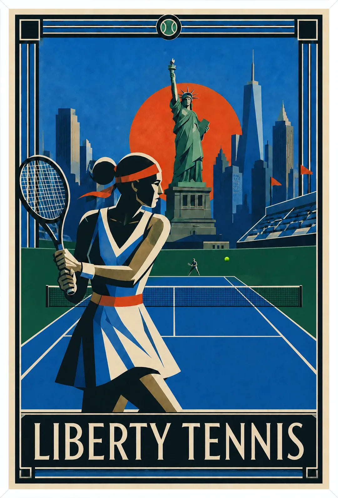 Affiche New York Tennis Liberty Femme revers à deux mains, affiche Art déco de tennis new-yorkaise