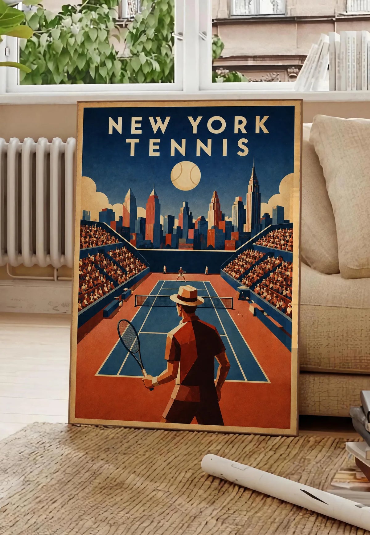 Affiche New York Tennis Homme Twilight Baseline 2, affiche Art déco de tennis new-yorkaise