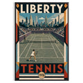 Affiche New York Tennis Liberty Tennis 1976 Femme Har-Tru Court View, affiche Art déco de tennis new-yorkaise