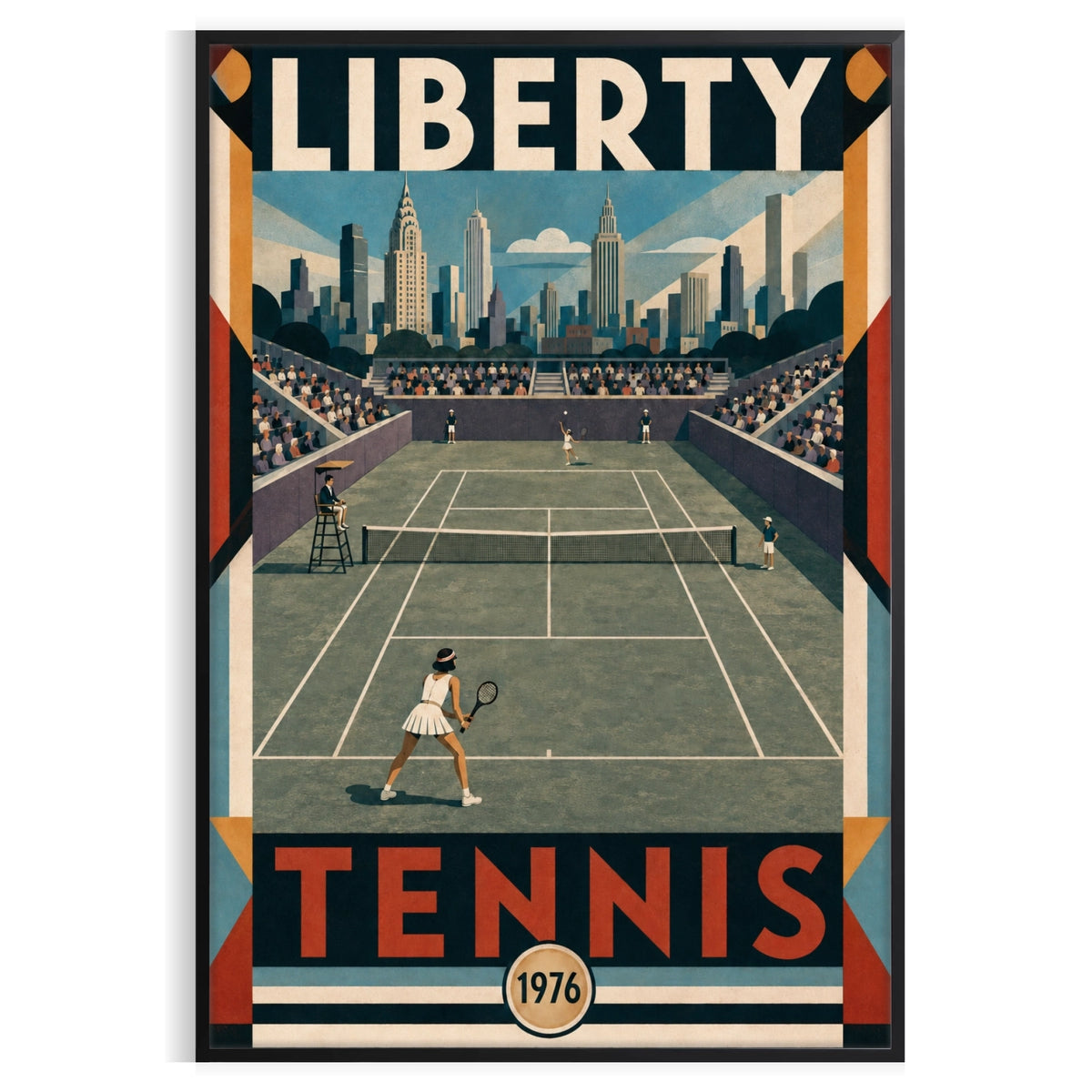 Affiche New York Tennis Liberty Tennis 1976 Femme Har-Tru Court View, affiche Art déco de tennis new-yorkaise