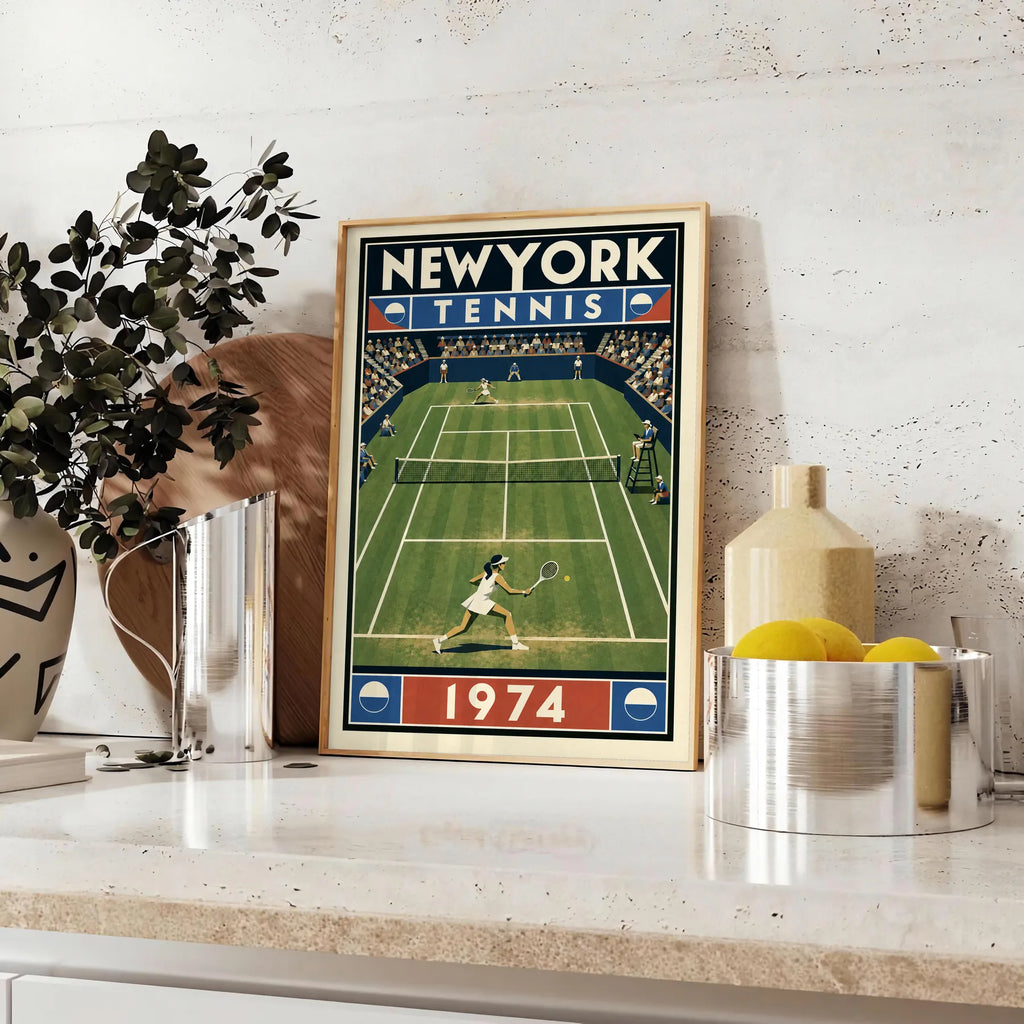 Affiche New York Tennis New York Tennis 1974 Femme gazon volée Court, affiche Art déco de tennis new-yorkaise