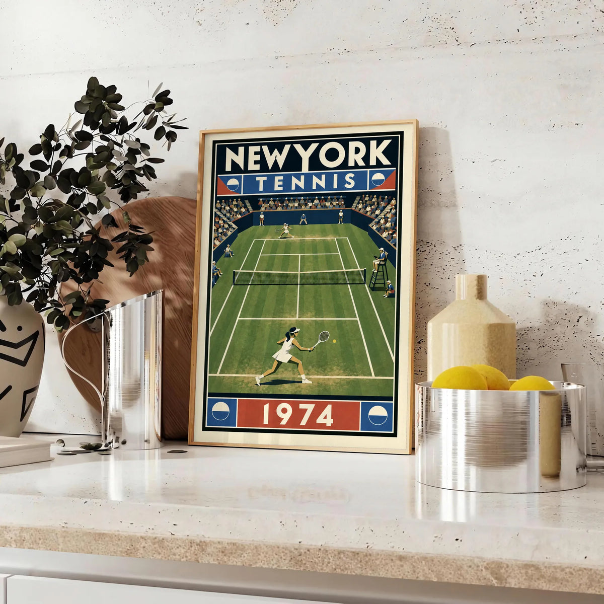 Affiche New York Tennis New York Tennis 1974 Femme gazon volée Court, affiche Art déco de tennis new-yorkaise