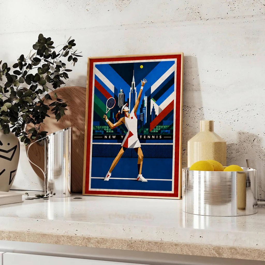 Affiche New York Tennis Geometric Femme service vers le trophée, affiche Art déco de tennis new-yorkaise