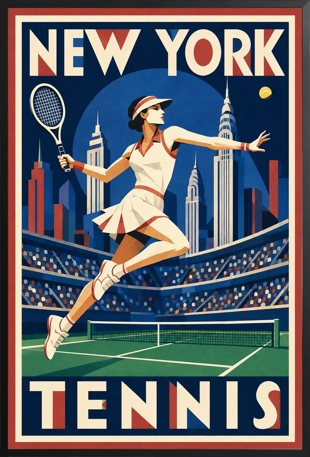 Affiche New York Tennis Tennis Female action offensive, affiche Art déco de tennis new-yorkaise