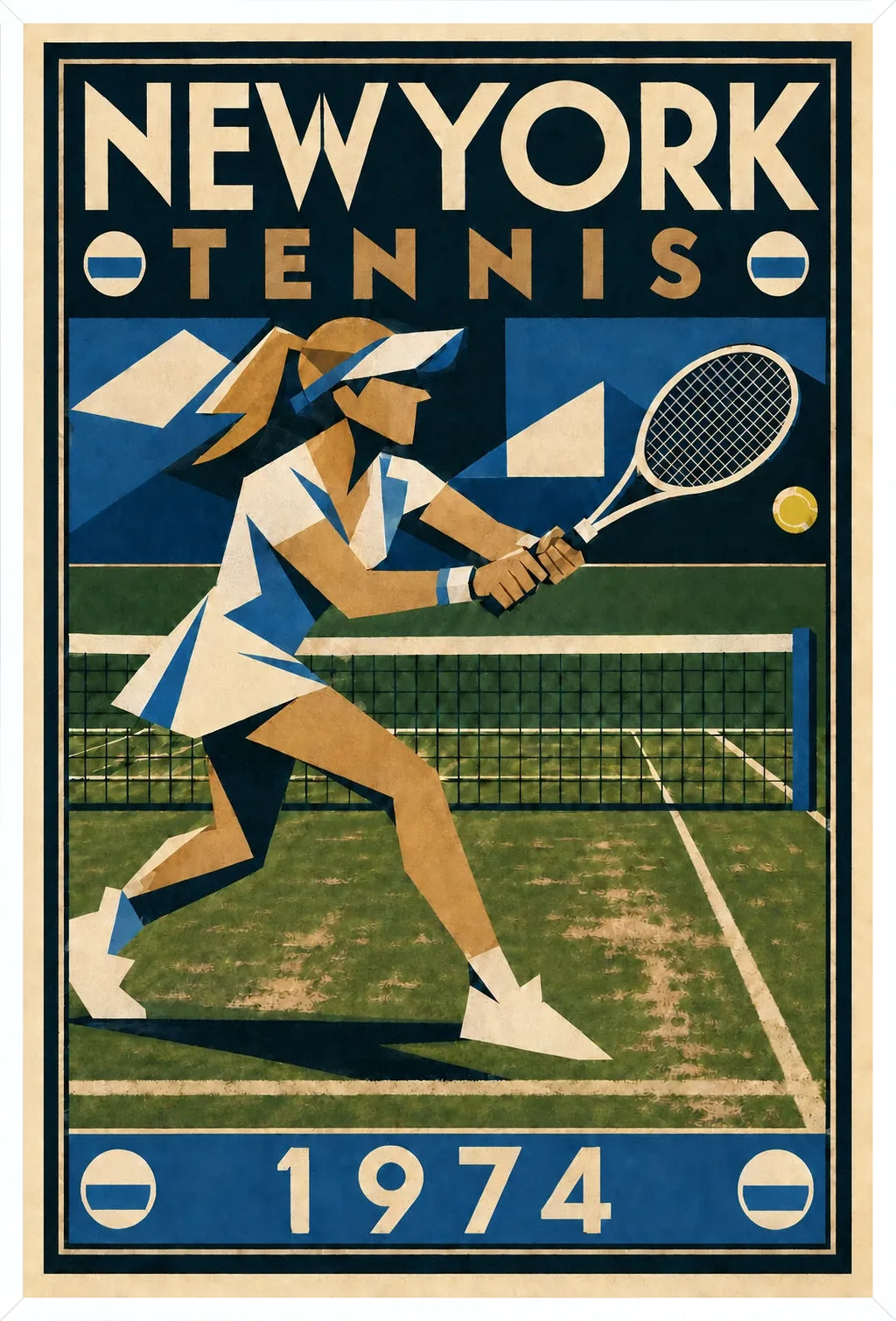 Affiche New York Tennis New York Tennis 1974 Femme gazon volée, affiche Art déco de tennis new-yorkaise