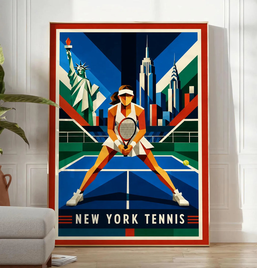 Affiche New York Tennis Geometric Femme Split Step prêt, affiche Art déco de tennis new-yorkaise