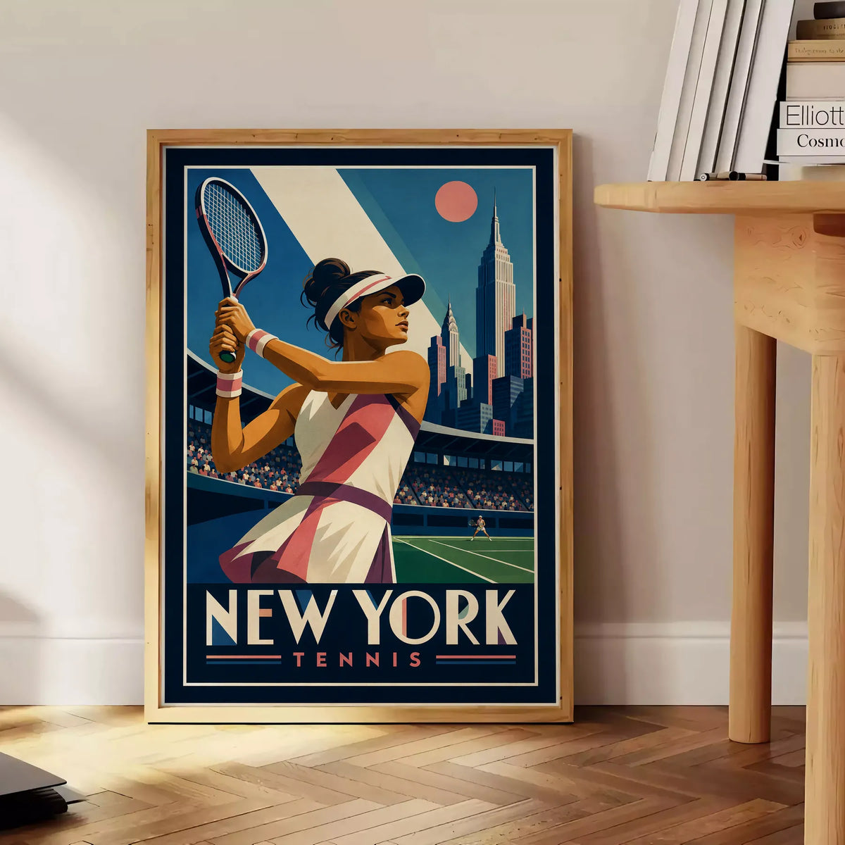 Affiche New York Tennis Tennis Female revers à deux mains Finish, affiche Art déco de tennis new-yorkaise