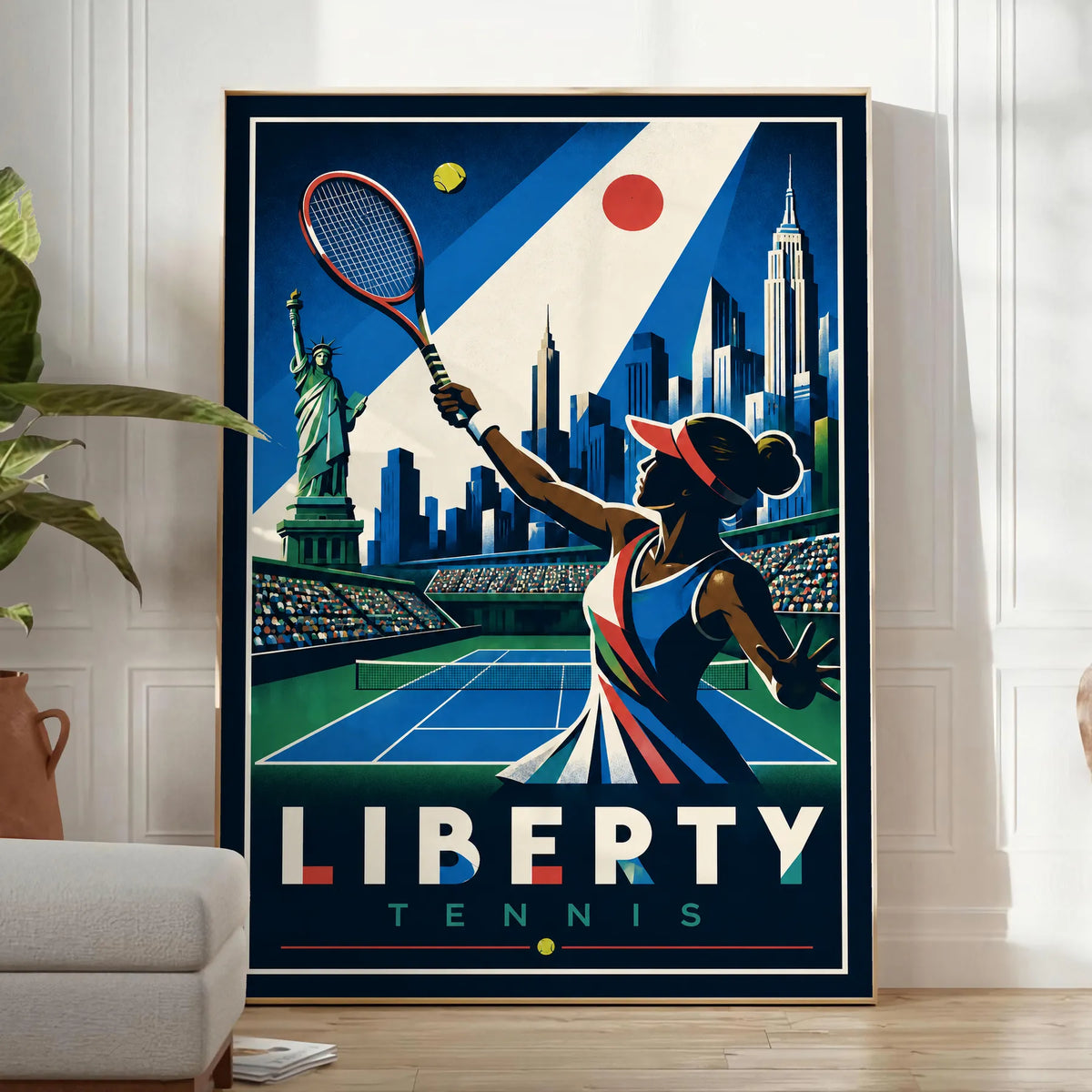 Affiche New York Tennis New York Tennis Femme volée haute, affiche Art déco de tennis new-yorkaise