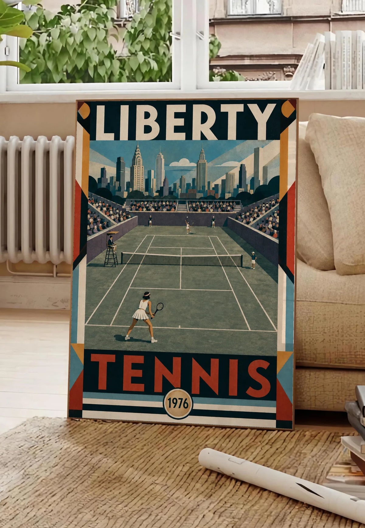 Affiche New York Tennis Liberty Tennis 1976 Femme Har-Tru Court View, affiche Art déco de tennis new-yorkaise