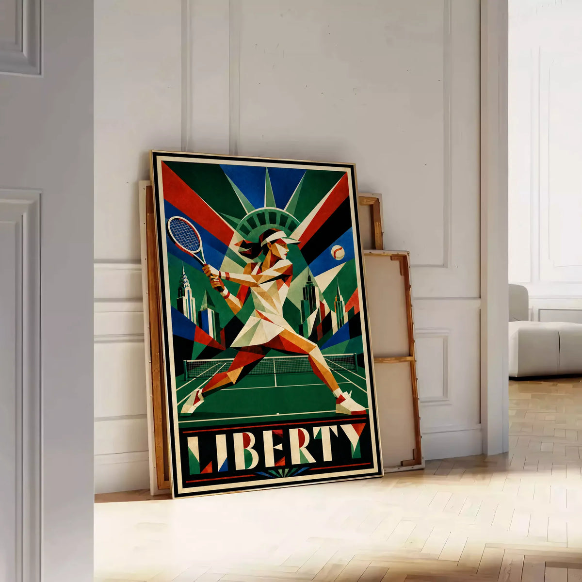 Affiche New York Tennis Femme Liberty revers, affiche Art déco de tennis new-yorkaise