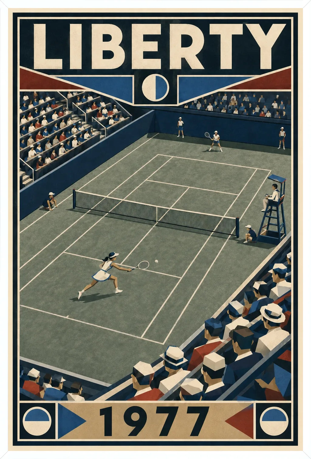 Affiche New York Tennis Liberty Tennis 1977 Femme Har-Tru dernière année, affiche Art déco de tennis new-yorkaise