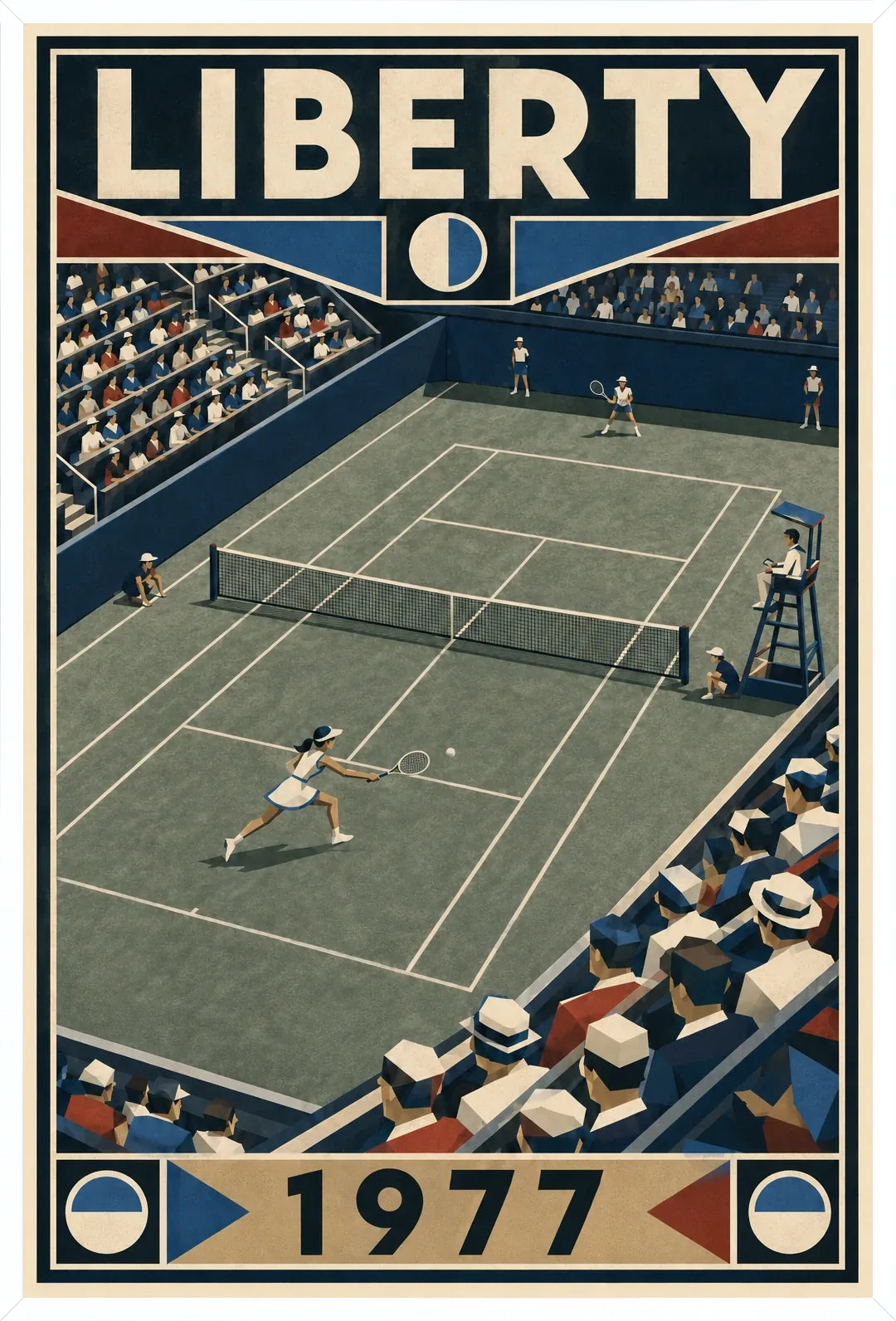 Affiche New York Tennis Liberty Tennis 1977 Femme Har-Tru dernière année, affiche Art déco de tennis new-yorkaise