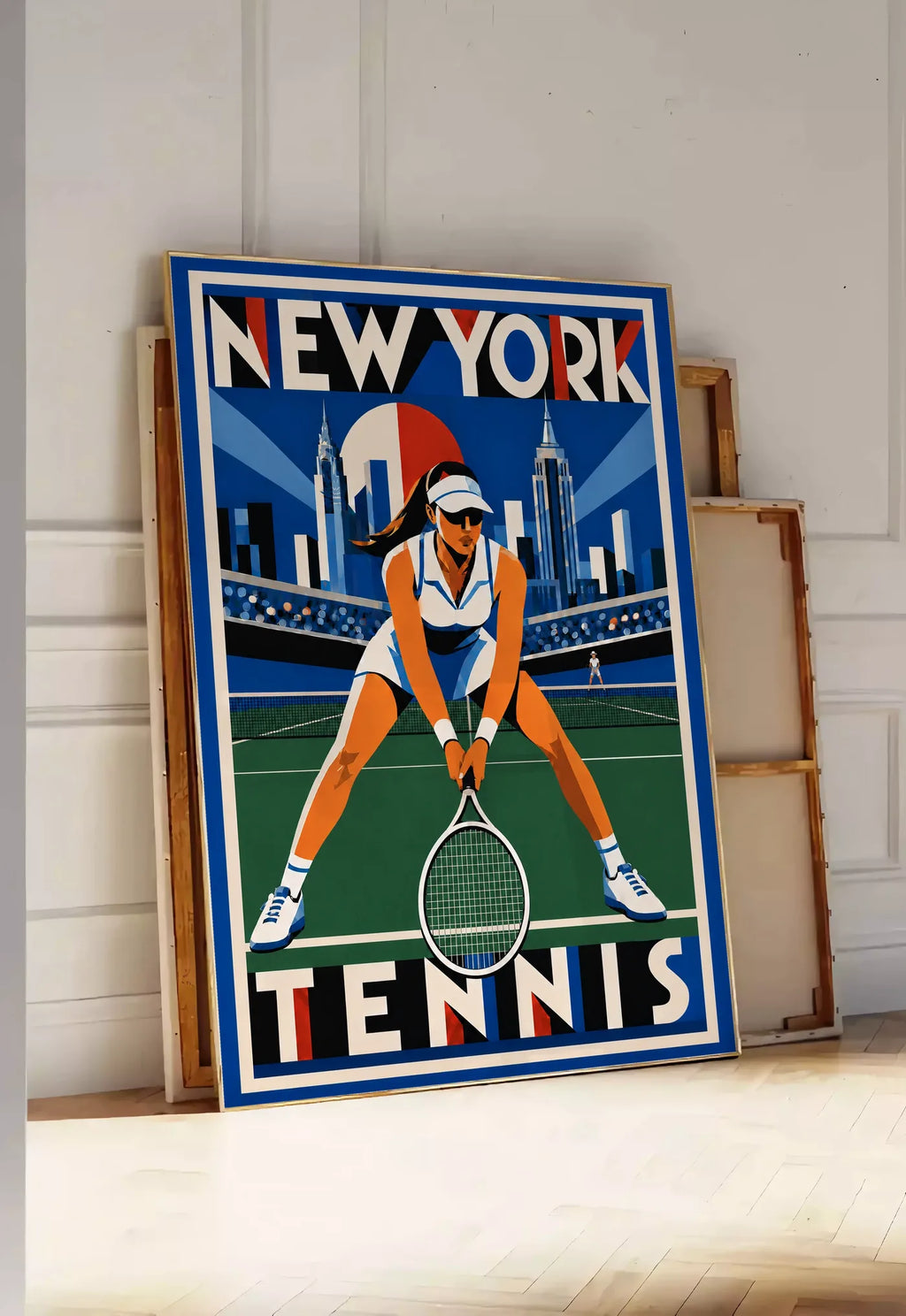 Affiche New York Tennis New York Tennis Femme Crouched revers, affiche Art déco de tennis new-yorkaise